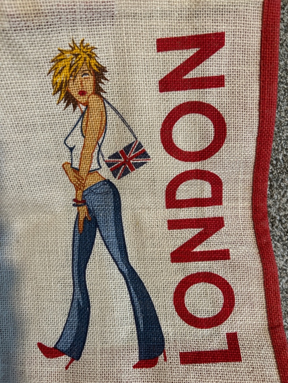Beige Canvas London Tote with Red Trim and Ring Handle - Picture 5 of 7
